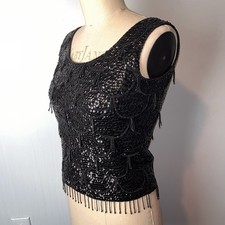Vtg Black Sequin Beaded Fringe Tassel Tank Top Mod Scallop Mermaid 60s Small