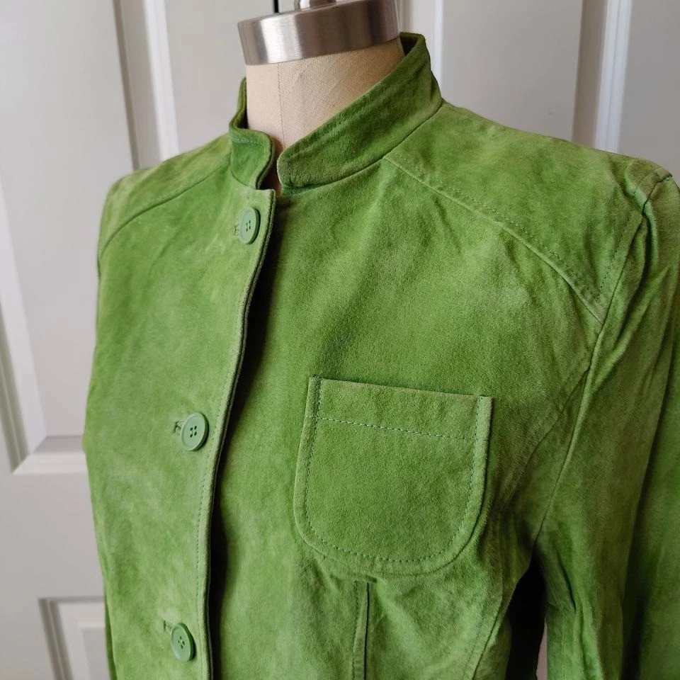 Vtg Y2K St. Johns Bay Indie Sleaze Green Suede Moto Style Jacket Tailored Medium - Image 3 of 4