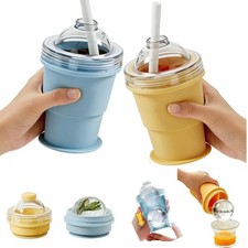 2-in-1 Foldable Ice Hockey Cup with Straw,Silicone Ice Cube Beverage Cup with...