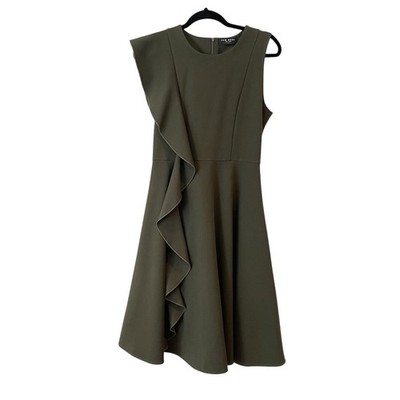 Few Moda Size S Side Ruffle Midi A-Line Flare Dress Green Olive Career