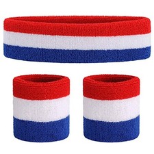 Sweatband Set Sports Headband Wristband Set Sweatbands Terry Red/White/Blue