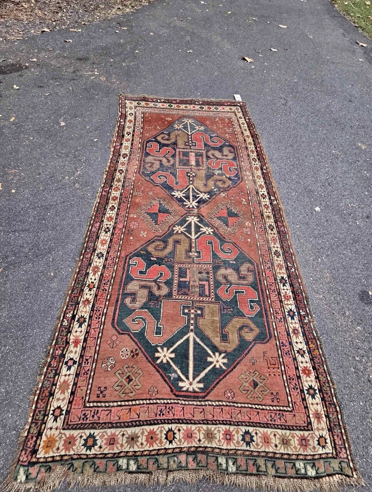 MUSEO RARO ANTIGUO Caucásico Cloudband Runner 3'10"x8' TINTES VEGETALES PUROS c.1880s Foto 4 de 4