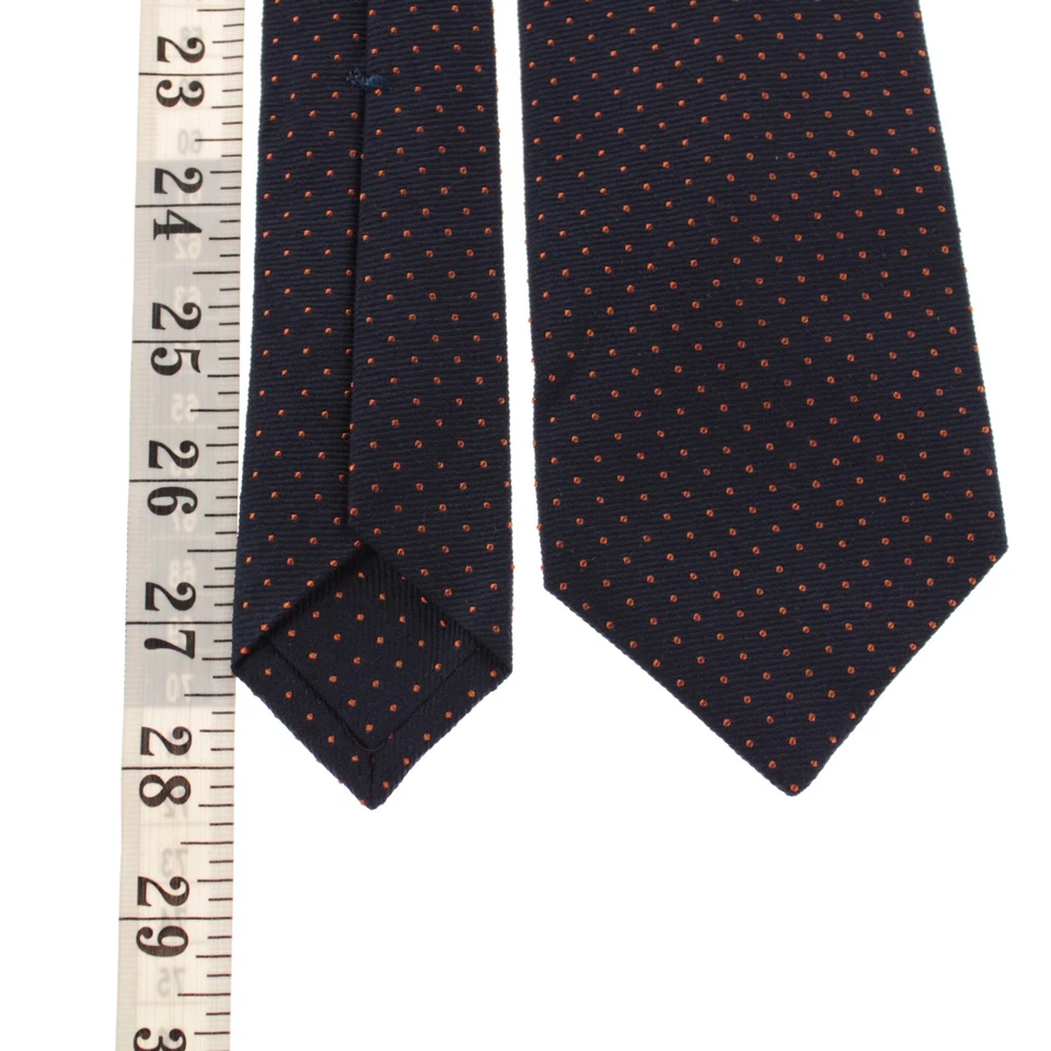 Corbata Kiton nueva sin etiquetas mezcla de lana/seda siete pliegues en azul marino con mini lunares naranja Foto 4 de 4
