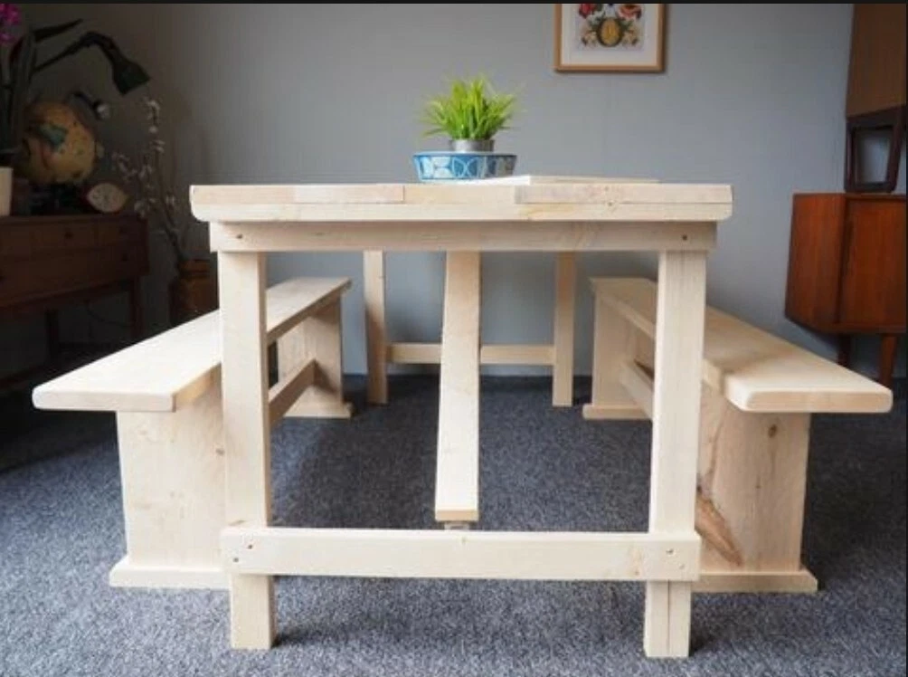 Wooden Trestle Table and 2 Benches Folding Table reclaimed scaffold board
