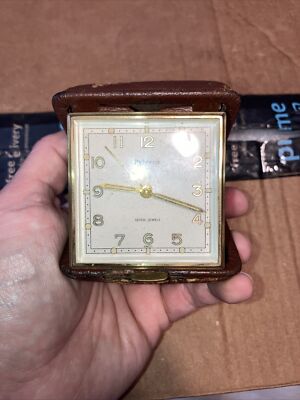 Helveco 7 Jewels Brass Leather Wind Up Pocket Travel Alarm Clock