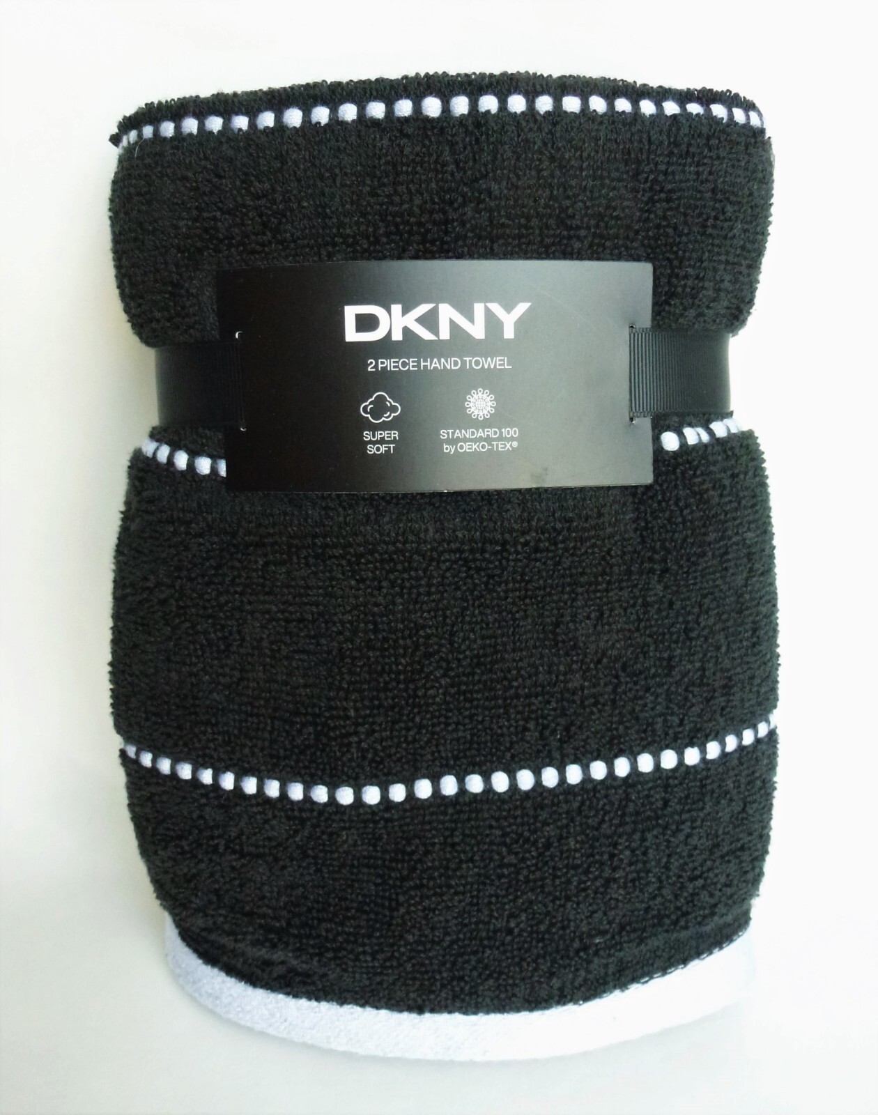 New DKNY 6pc Black Lt Gray Dot Stripe TOWEL SET Bath Hand Fingertip 100