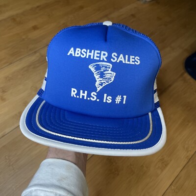 VTG Absher Sales RHS #1 3 Stripe 80s Blue Tornado Trucker Snapback Hat EUC Retro