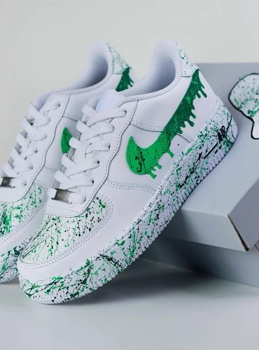 Air Force 1 Low Custom Mens White Shoes, Explosion Slime Green Hues Splatter - Picture 2 of 22