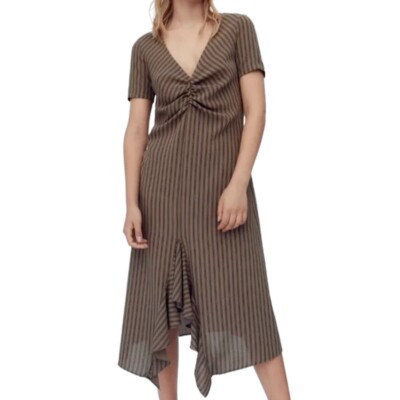 zara ruched brown dress Zara Brown Ribbed Knit Short Sleeve Side Ruched Tie Mini Bodycon Dress Size  S main image 1