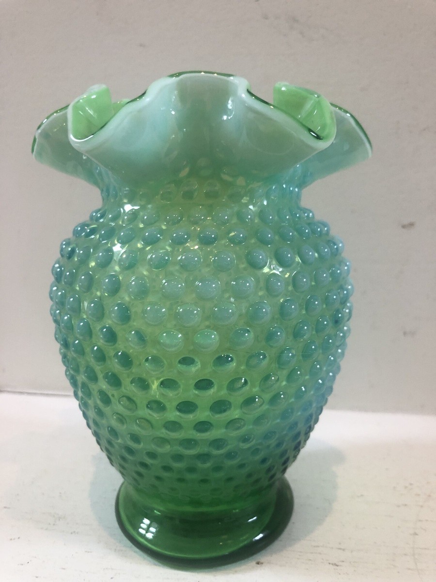 VINTAGE　LARGE FENTON HOBNEIL FLOW VASE Vintage Large Fenton Vaseline Uranium Art Glass Topaz