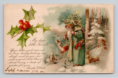 Blue Robe Santa In Woods Reindeer My Dear Little Friend Holly c1910 ME Postcard
