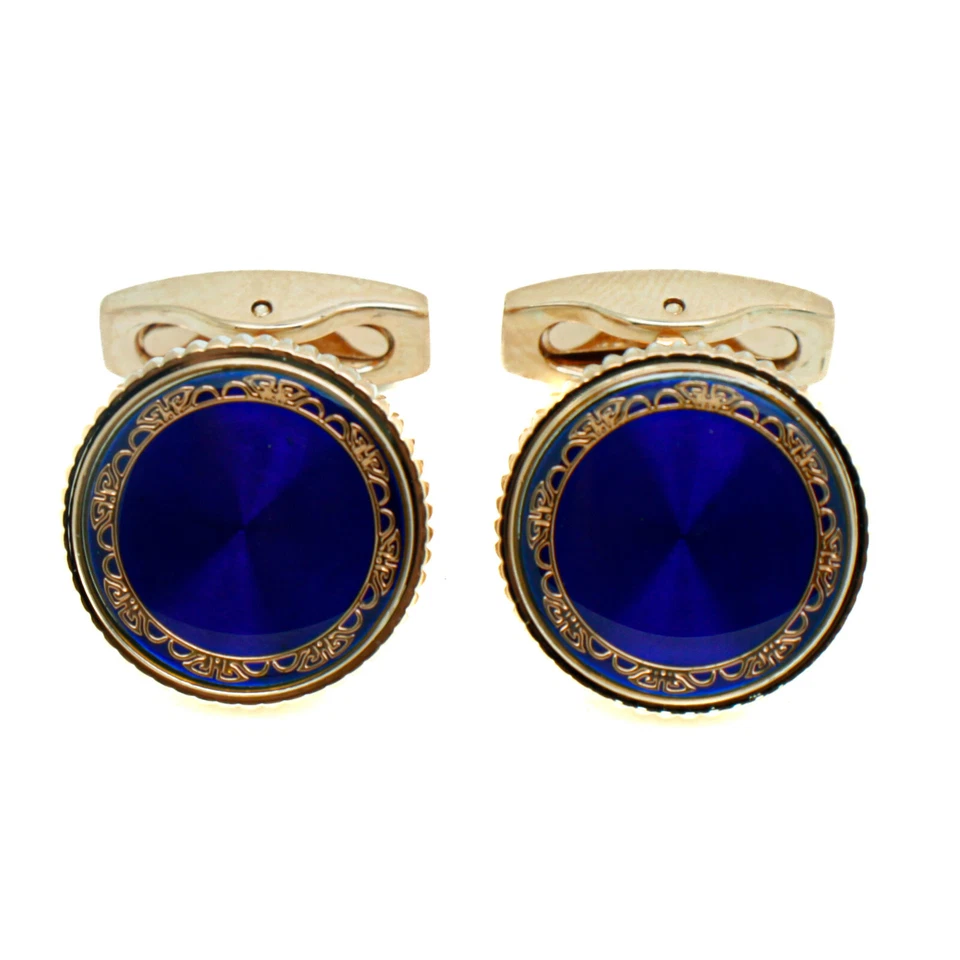 Gemelos circulares de piedra azul brillante redondos oro rosa para hombre Foto 4 de 4