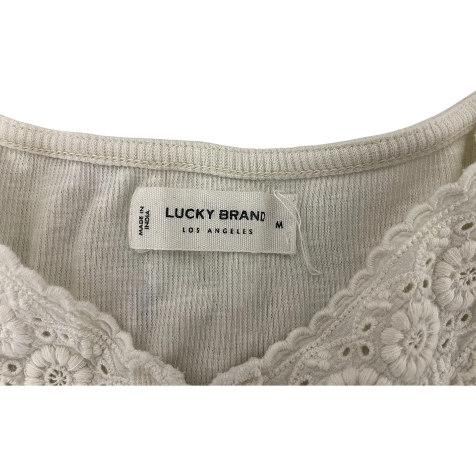 Lucky Brand Топ рубашка женщин M кружева отделки Henley длинным рукавом кремовый пуловер - Изображение 3 из 4