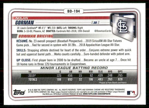 Bowman Draft 2020 base cromada #BD-194 Nolan Gorman Cardinals - Imagen 2 de 2