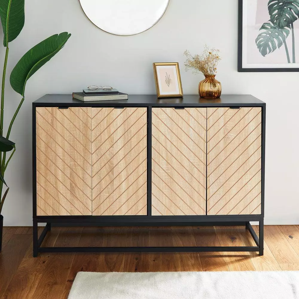 Modern Chevron Sideboard Console Cabinet Storage 2 Door Black Wood Effect