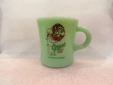 Fire-King Jadite GREEN'S DONUT SHOP Deliciously Different Restaurant Coffee Mug