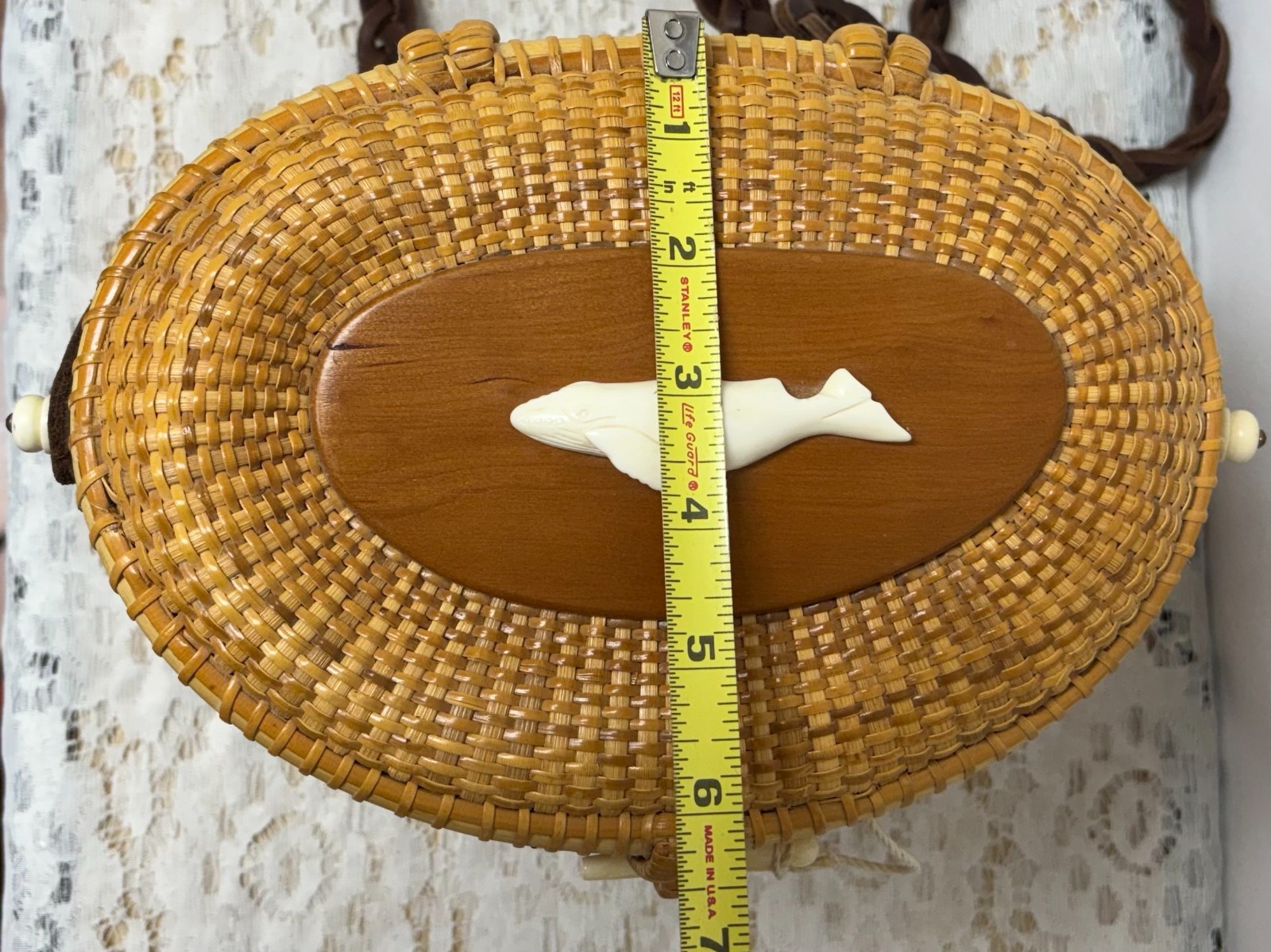 VTG Signed Kai O'Connell  1999 Nantucket Basket Purse w/Whale, Leather Strap