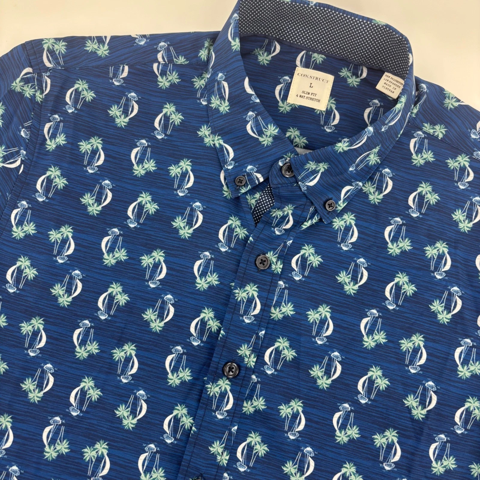 CON.STRUCT Shirt Mens Large Blue Slim Fit Nautical Sailboat Palm Tree Stretch