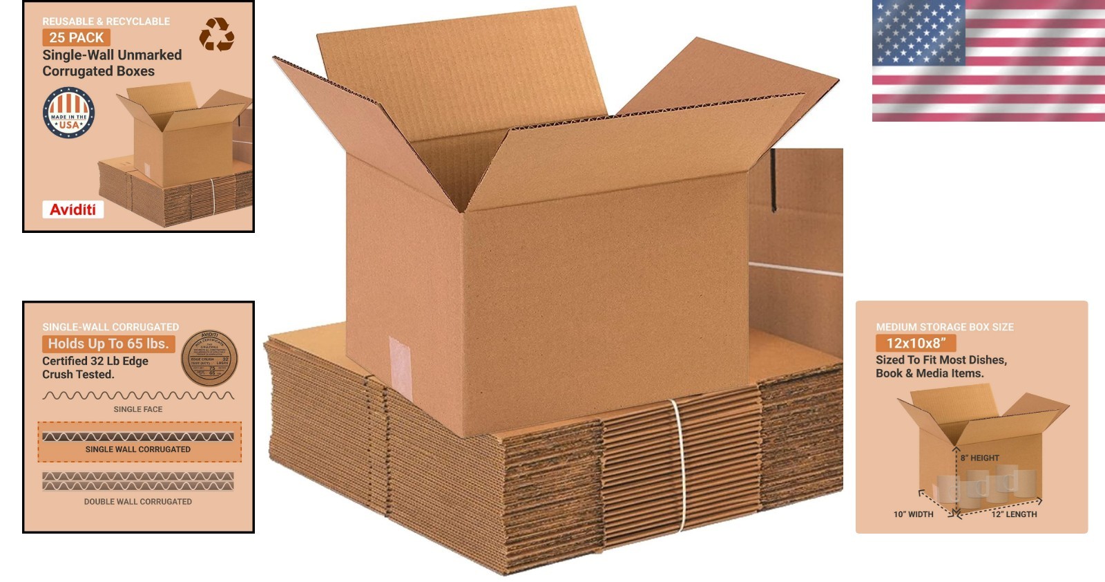 Kraft Corrugated Packing Boxes 12x10x8" - 65 Lbs Capacity, Eco-Friendly 25-Pack