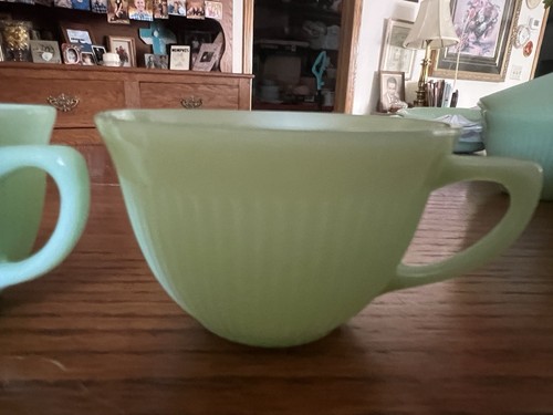 Vintage 1950's Fire King Jane Ray Jadeite Ribbed Coffee Cups Set Of 2 - Picture 4 of 6