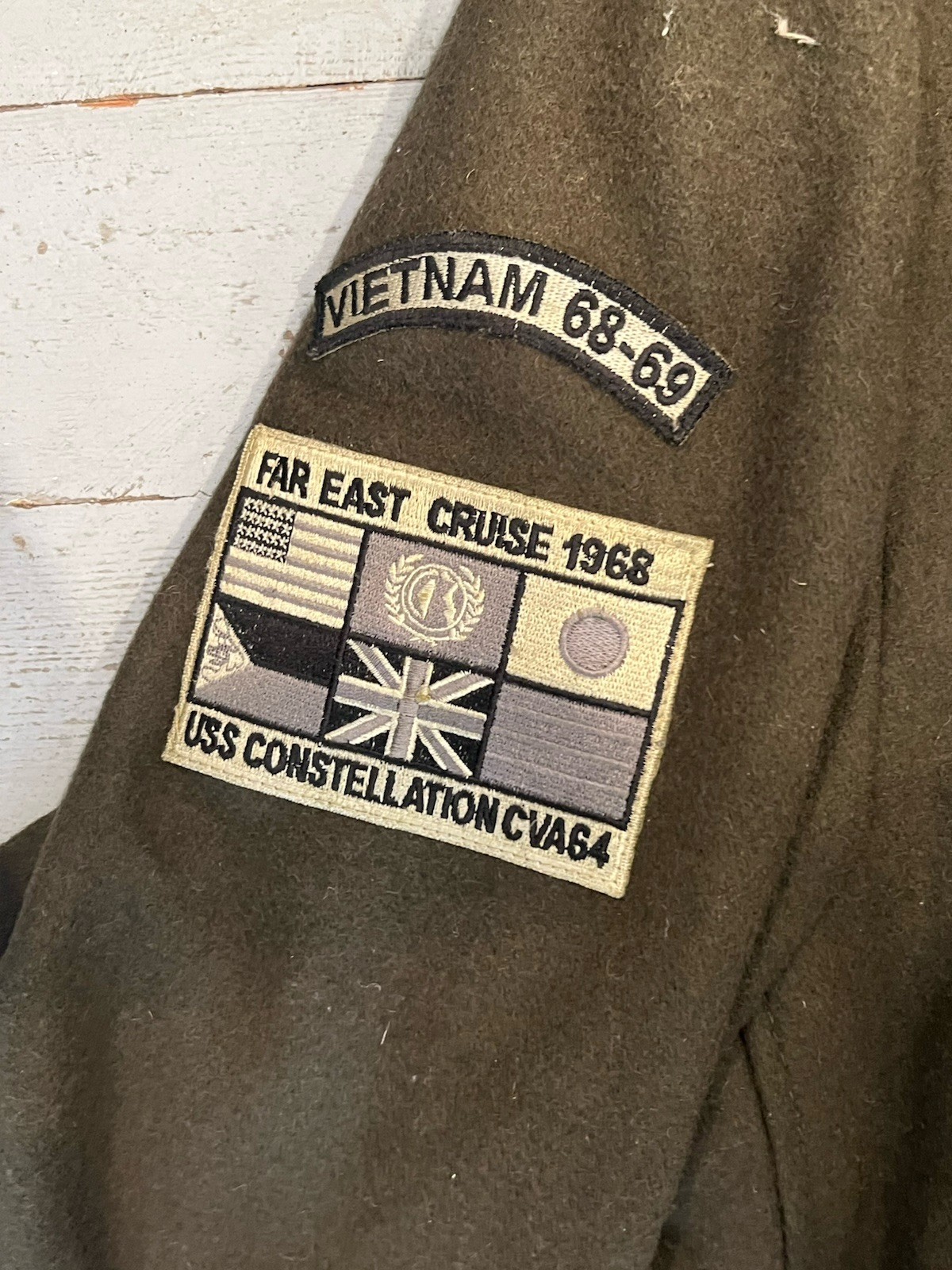 Black Pea Coat Jacket Lined Patch Embroidered mil… - image 7