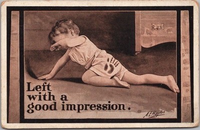 Artist-Signed A.E. HAYDEN Postcard Child Abuse Punishment ''A Good Impression''