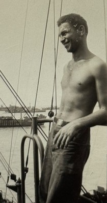 1950s Handsome Shirtless Man Smiling Ship Dock Portrait Waterfront Candid