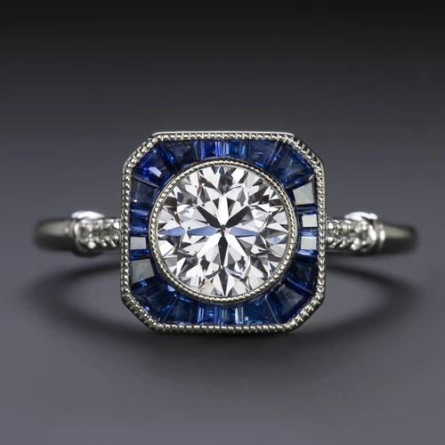 1ct GIA CERTIFIED DIAMOND SAPPHIRE RING VINTAGE STYLE TARGET HALO 14k WHITE GOLD - Picture 1 of 2