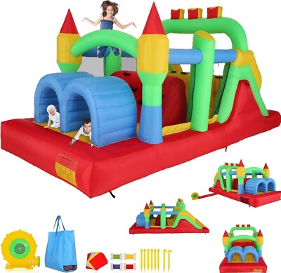 Inflatable Bounce House with Obstacle Course, Dual Tunnel, 680W Blower for Kids*