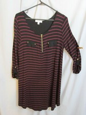 Club Soda Ladies Dress Tunic Black Burgundy Stripe T Knit Long Slv Zipper XL