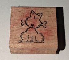 SITTING DOG HOLDING BONE CHEWING TREAT WOOD MOUNTED RUBBER STAMP PET ANIMAL EUC