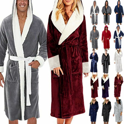 Mens Frau Fluffy Dressing Gown Bath Robe Fleece Warmer Hooded Cloak