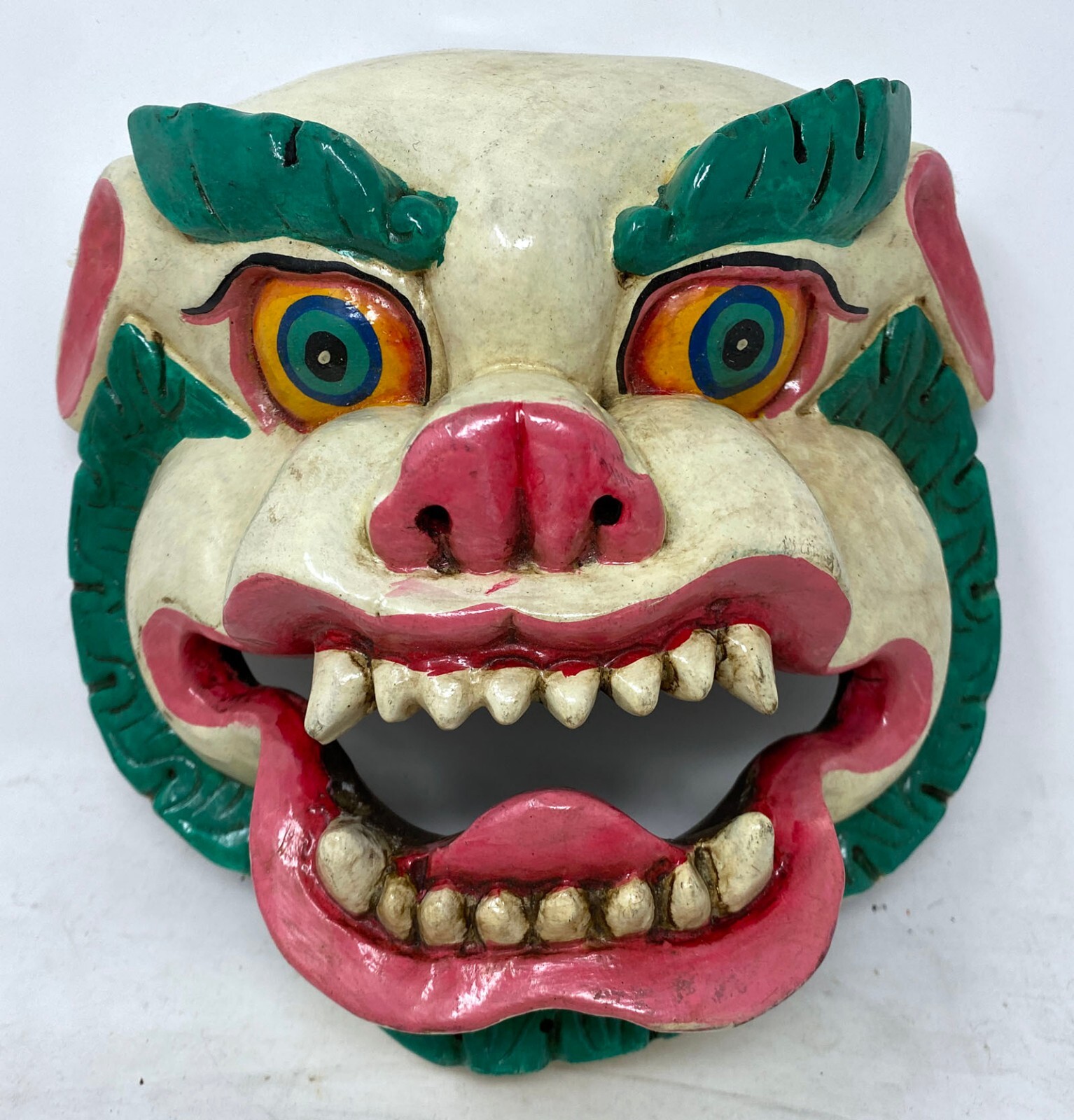 Wood Snow Lion/Foo Dog Mask: wall-hanging carved fu Nepal Nepali Tibet statue