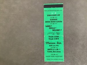 Marroe Inn Restaurant Trenton, New Jersey, Vintage Matchbook Cover