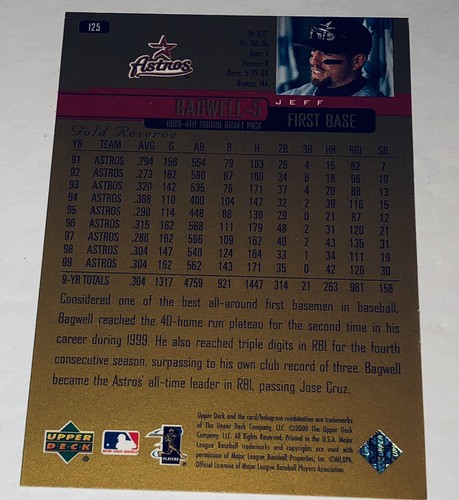 2000 Upper Deck Gold Reserve Baseball #125 Jeff Bagwell Houston Astros B23b3 - Picture 2 of 3