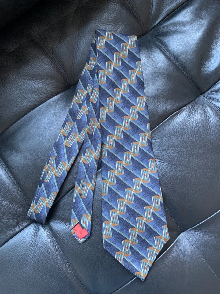 Corbata de seda vintage John Henry para hombre azul/verde geométrica Italia/EE. UU. 4"x58" Foto 2 de 4