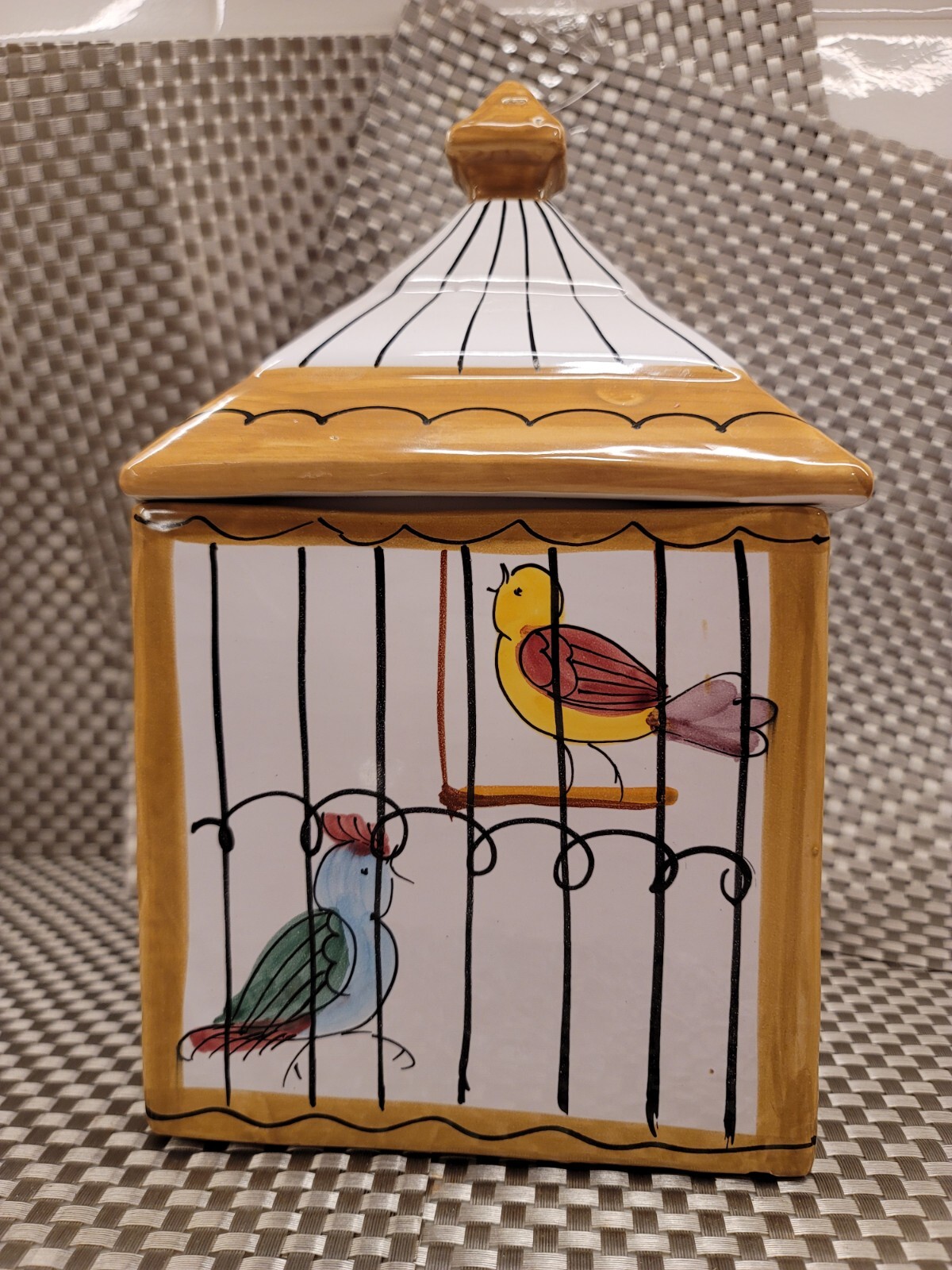 Ceramic Cookie Jar 'Birdcage' Handmade Hand Painted Made In Italy EUC