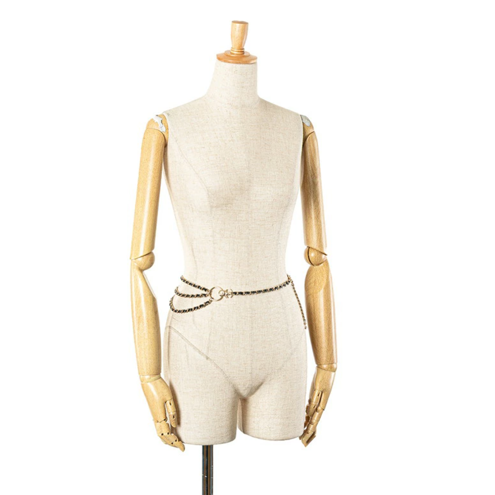 CHANEL CC Logos Pearl Black Leather Strand Belt 30