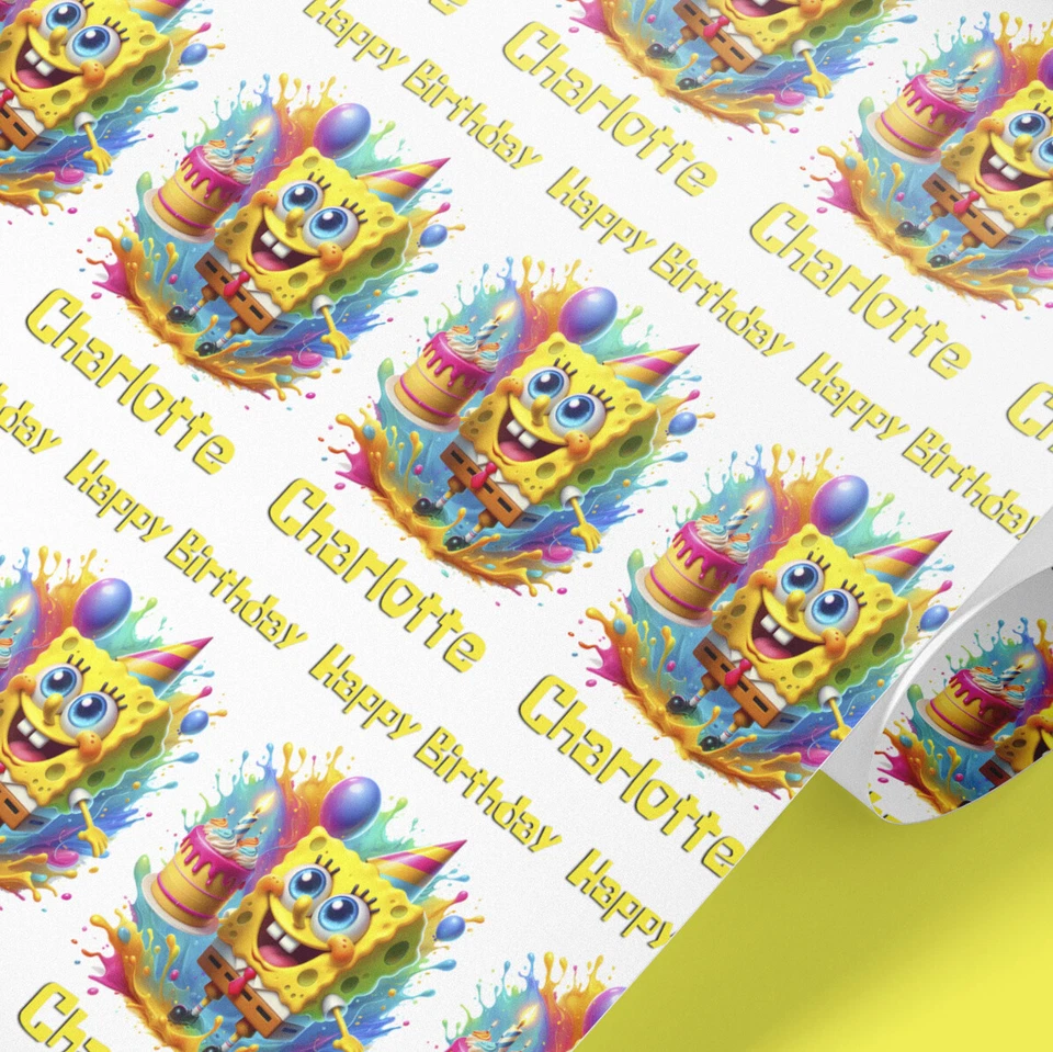 SpongeBob Personalised Wrapping Paper - Custom Name Kids Birthday Gift Wrap UK - Image 2 of 3