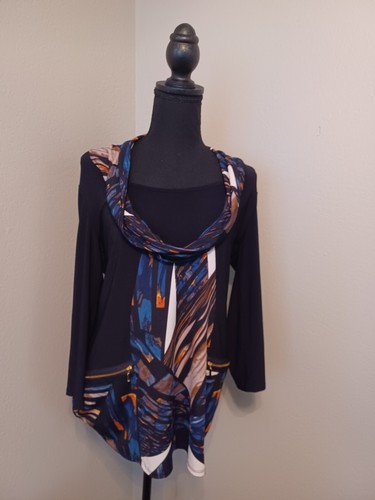 Damen Coco Bianco 3/4 Ärmel Top Bluse Kunst Taschen 2 in 1 Multi Print Small