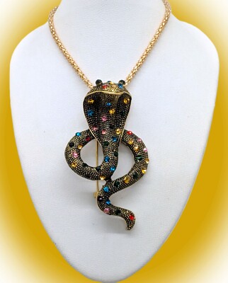 Multicolor Crystal Texture Gold Plate Cobra Snake Brooch Necklace Betsey Johnson