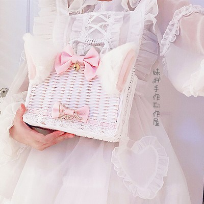 Women's Lolita Sweet Kawaii Cat Ears Rattan Box Case Handbag Bow Party  Suitcase | eBay