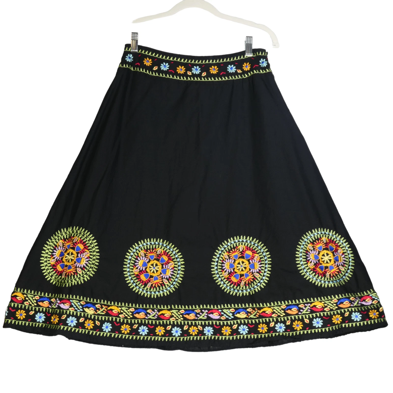 NY Collection Black Skirt Womens Size S Side Zip Cotton Boho Full Embroidered