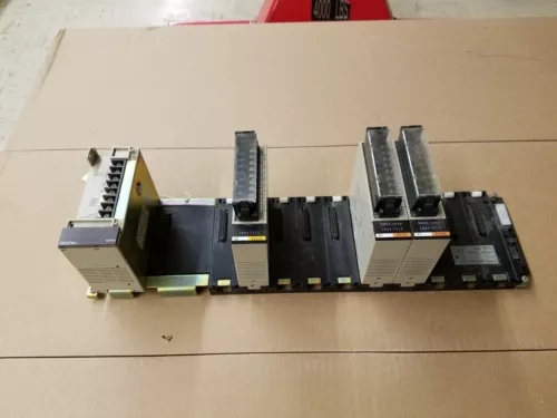 Omron PLC Rack Assembly with 2 input units, 1 output unit, and 1 power supply 