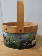 Handpainted Shaker Style Wood Basket Summer Amish Signed 9X 7 Primative PA Dutch