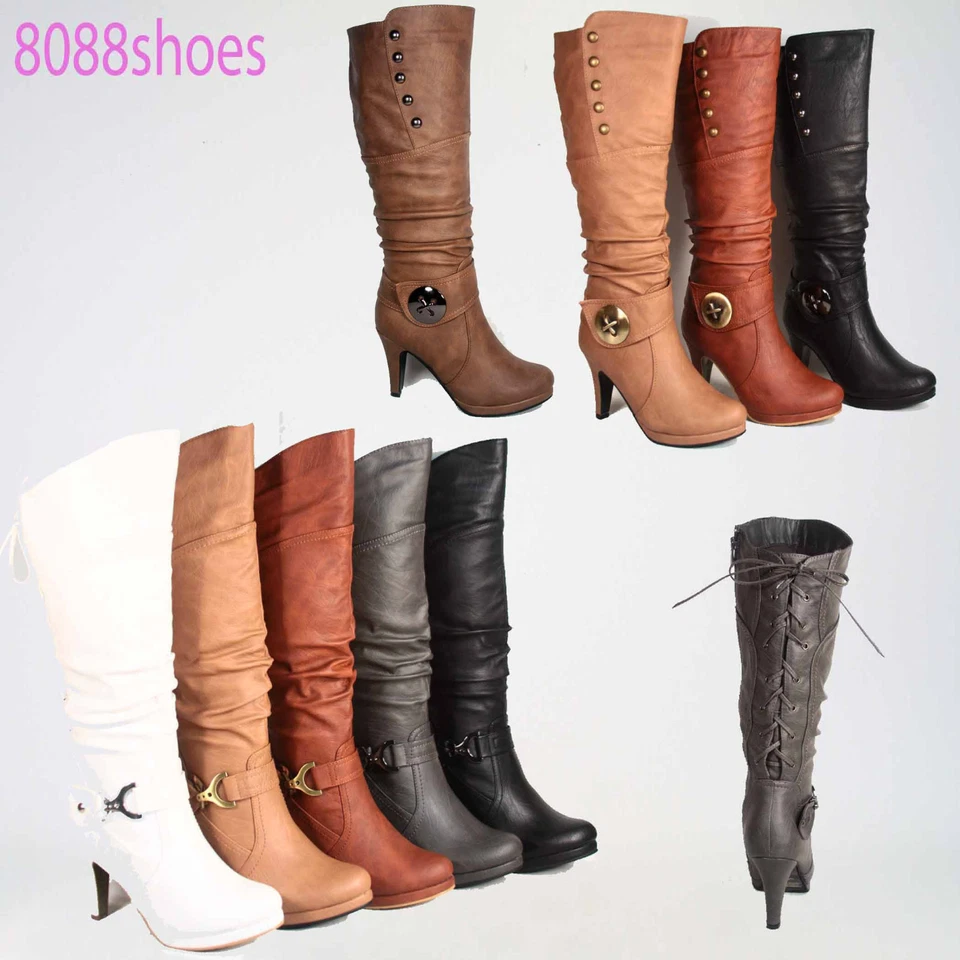 Botas hasta la rodilla con plataforma de tacón alto punta redonda para mujer talla 5-11 Foto 3 de 4