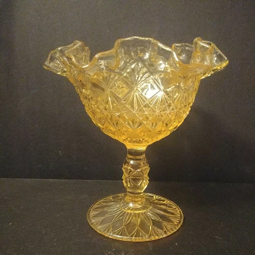 Vintage Fenton Soft Yellow Compote Ruffled Diamond Pat Pedestal Candy Dish Bowl