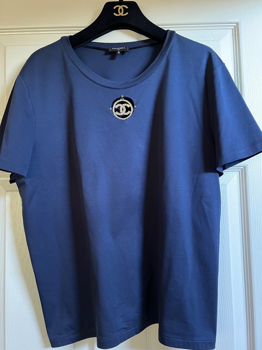 CHANEL 2020 NEW BLUE TOP T- SHIRT GOLD JEWELED CRYSTALS CC LOGO