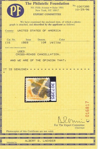 US 116 1869 10c Pictorial Shield and Eagle fancy crossroads cancel PF cert - Picture 2 of 2