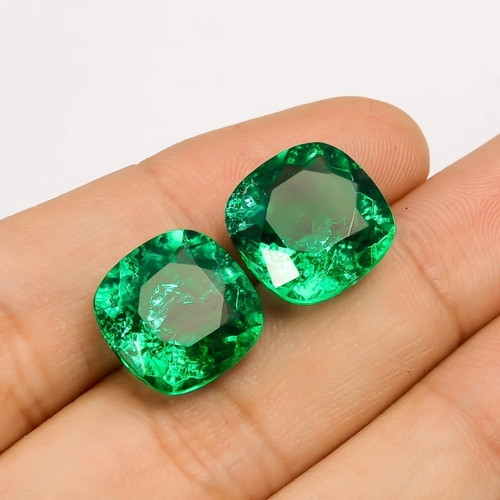 20 Ct Natural Colombian Green Emerald Cushion Cut Certified Loose Gemstone Pair